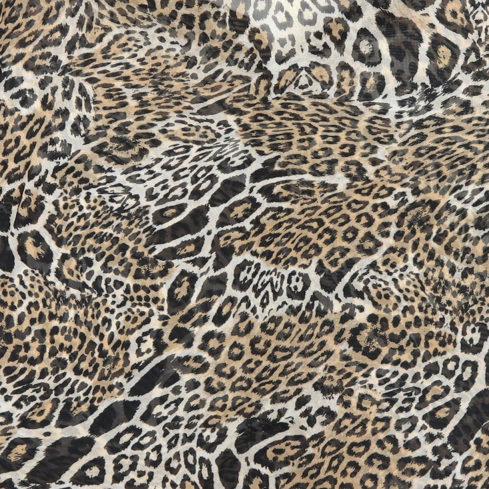 Brand and care label for Miladys women’s brown animal print basic blouse, size M