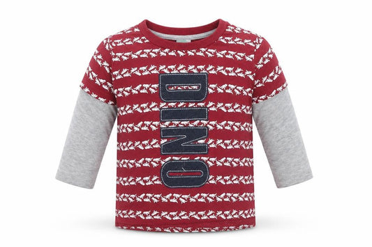 Front view of Ackerman's Baby Company Baby Red Animal Print Basic T-Shirt, size 12-18, Months - Dino, Dinosaur