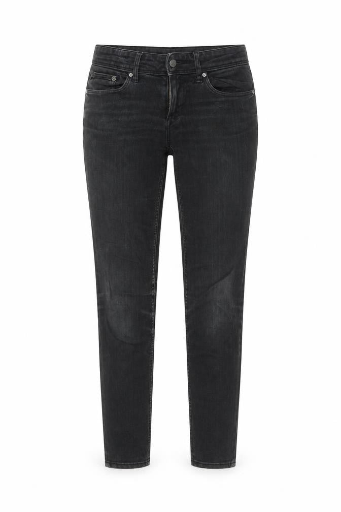 Front view of &DENIM women’s black skinny jeans, size UK 25, 30-inch leg