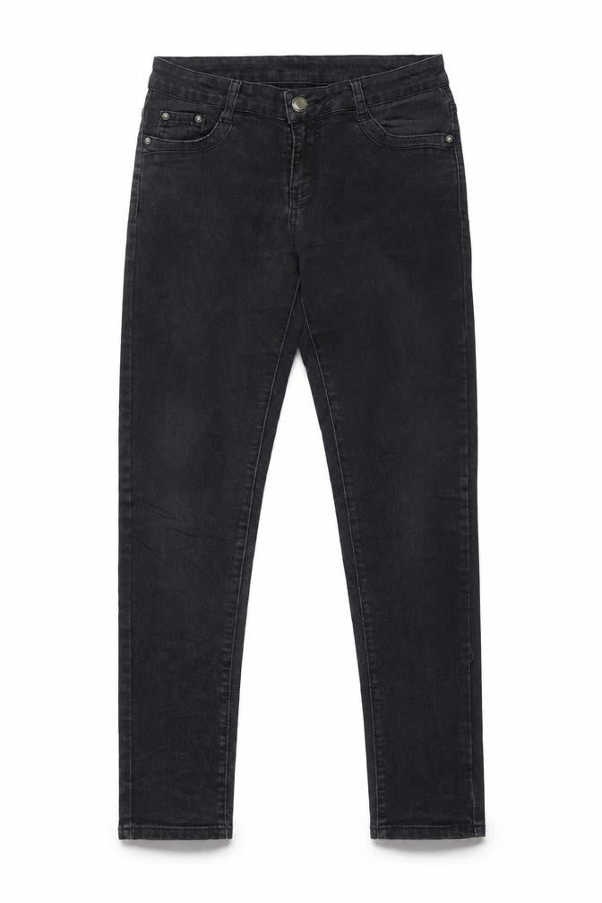 Front view of women’s black straight jeans, size UK 28, 31-inch leg