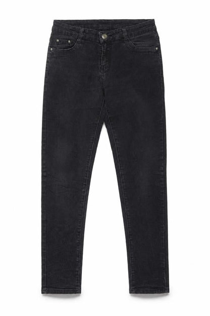 Front view of women’s black straight jeans, size UK 28, 31-inch leg