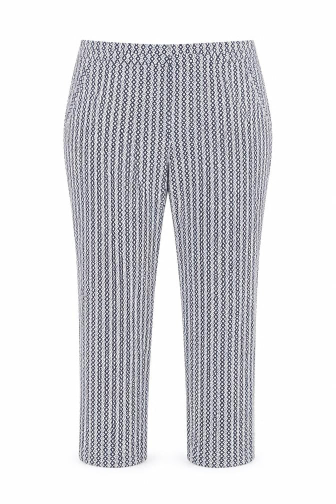 Front view of LABEL BE women’s multicoloured geometric trousers, size UK 16, 26-inch leg