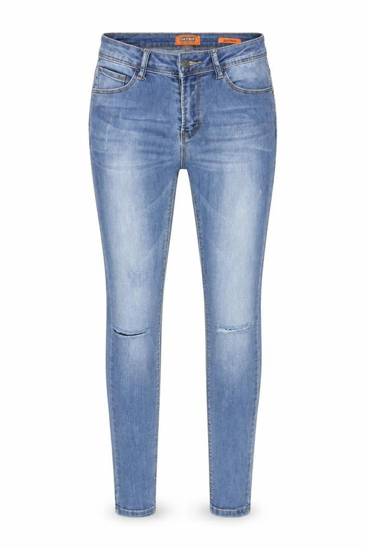 Front view of DAYSIE women’s blue skinny jeans, size UK 6, 27-inch leg