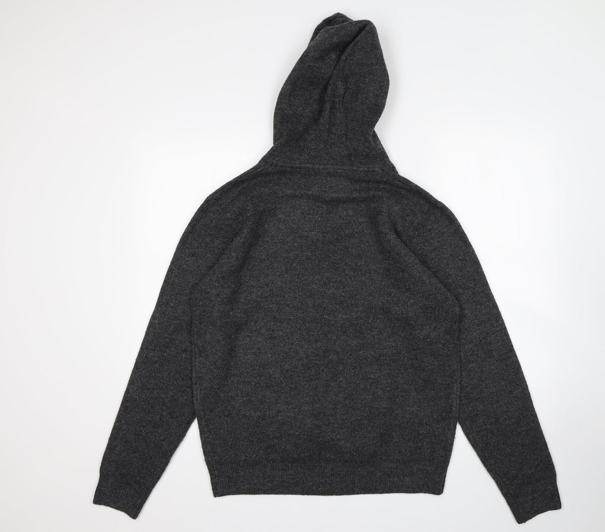 Back view of women’s grey pullover hoodie, size M