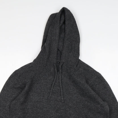 Close-up detail of women’s grey pullover hoodie, size M