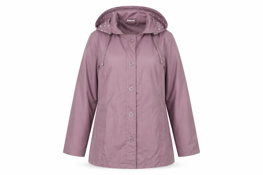 Front view of Anne De Lancay women’s purple parka coat, size UK 14