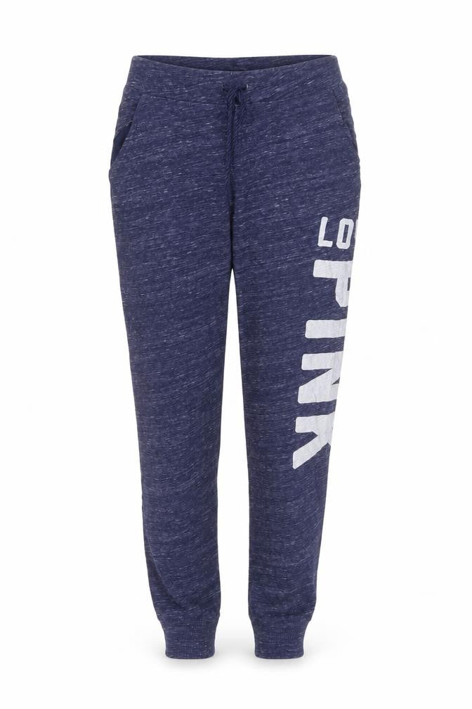 Front view of PINK women’s blue trousers, size XS, 26-inch leg