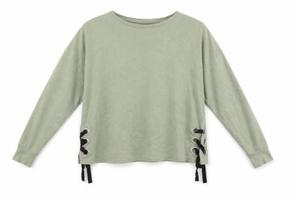 Front view of Pep&Co women’s green pullover sweatshirt, size UK 14, - laced