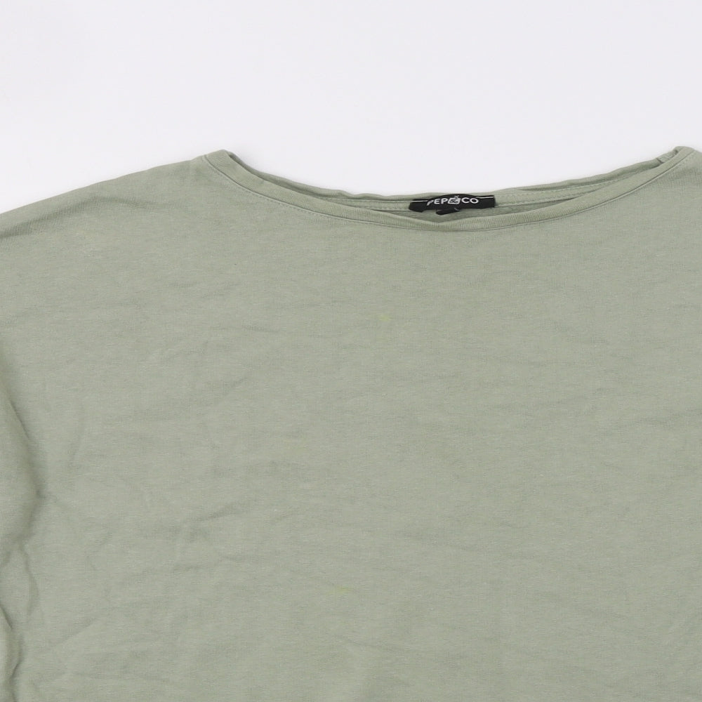 Close-up detail of Pep&Co women’s green pullover sweatshirt, size UK 14, - laced