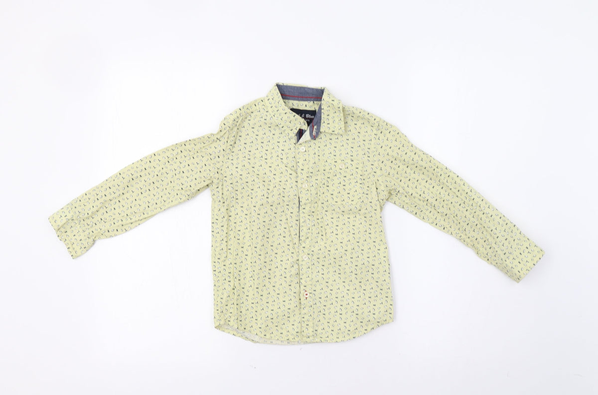 Additional front view of Pink & Blue boys’ yellow basic button-up, size 5-6, years - penguin print