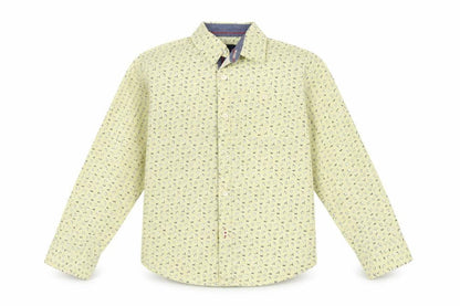 Front view of Pink & Blue boys’ yellow basic button-up, size 5-6, years - penguin print