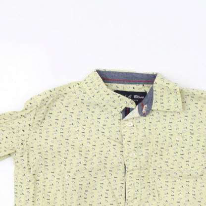 Close-up detail of Pink & Blue boys’ yellow basic button-up, size 5-6, years - penguin print