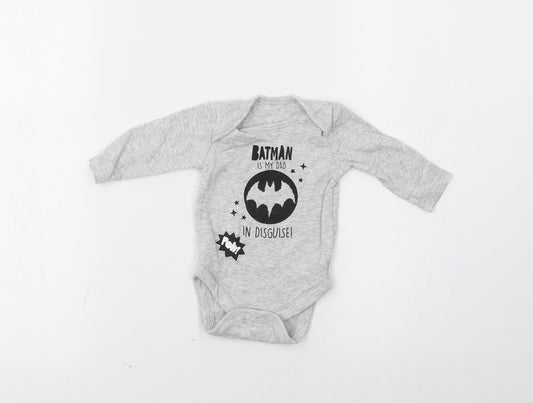 Front view of George Baby Grey Romper One-Piece, size 0-3, Months - Batman
