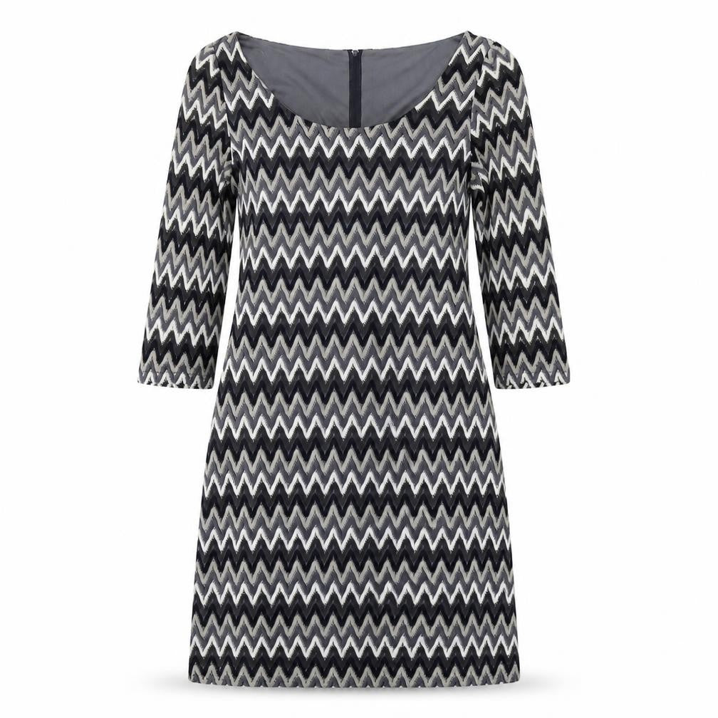 Front view of Uttam London women’s grey striped fit & flare, size UK 10, - zig zag