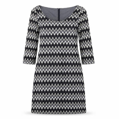 Front view of Uttam London women’s grey striped fit & flare, size UK 10, - zig zag