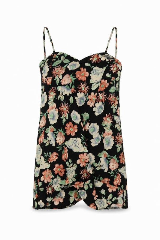 Front view of women’s black floral playsuit one-piece, size M, 7-inch leg