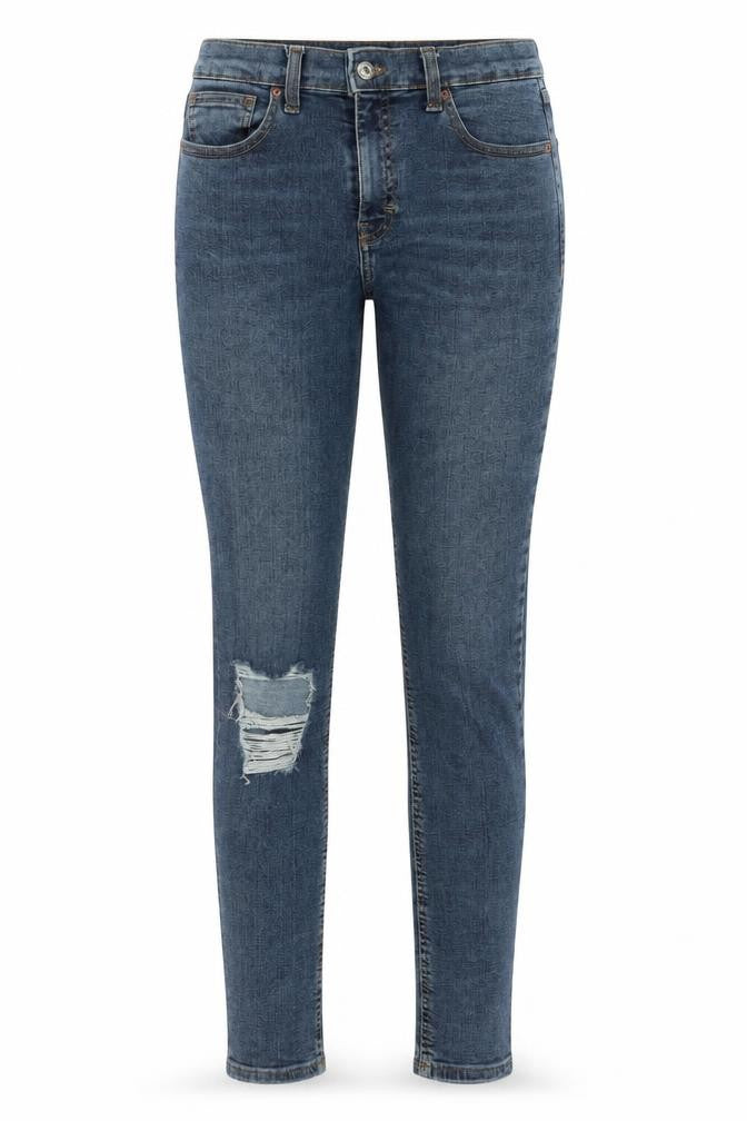 Front view of Topshop women’s blue denim skinny jeans, size UK 28, in, 30-inch leg