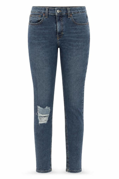 Front view of Topshop women’s blue denim skinny jeans, size UK 28, in, 30-inch leg