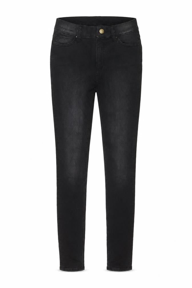 Front view of women’s black denim skinny jeans, size S, 32-inch leg