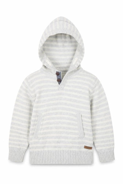 Front view of H&M boys’ grey striped knit pullover hoodie, size 2, years