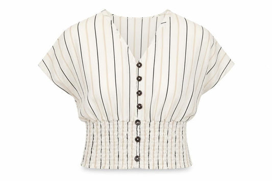 Front view of Active USA women’s white striped basic blouse, size S