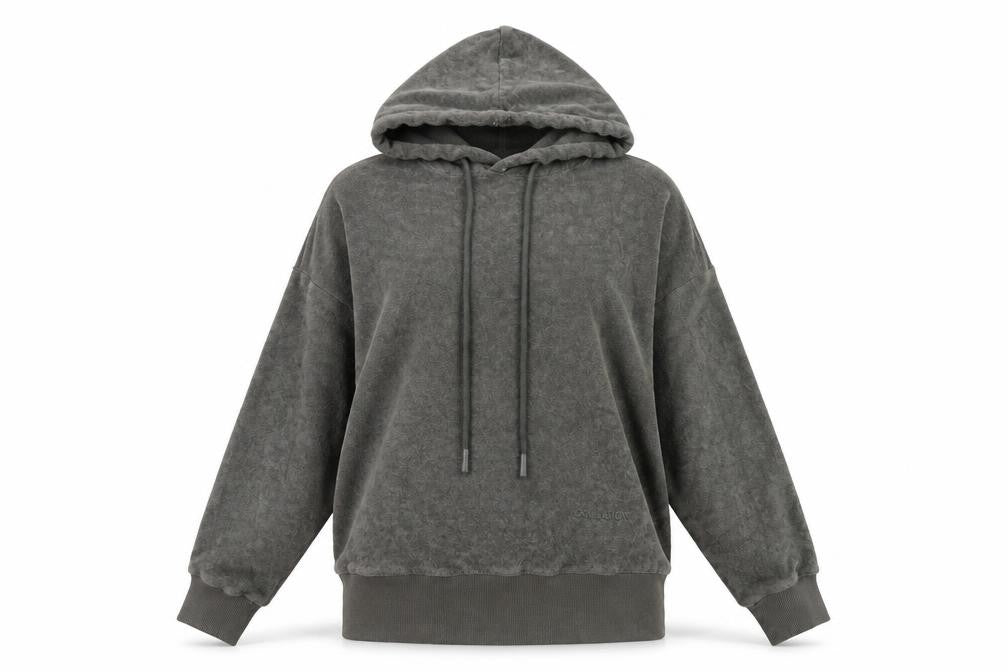Front view of Collusion women’s grey pullover hoodie, size UK 6