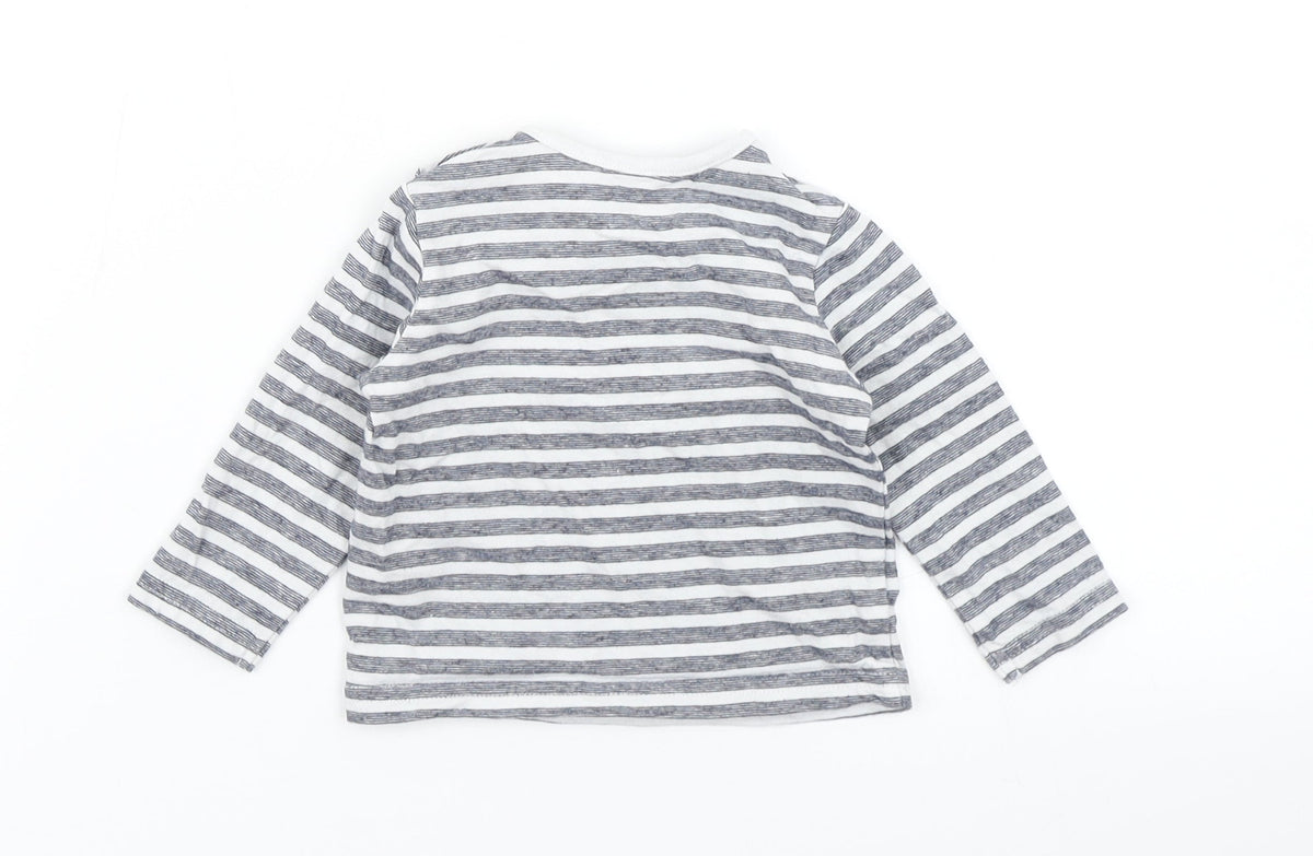 Back view of Tu boys’ blue striped basic t-shirt, size 0-3, months