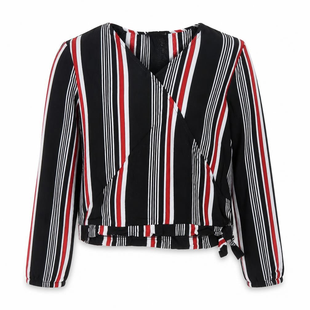 Front view of Primark girls’ black striped cropped blouse, size 10-11, years