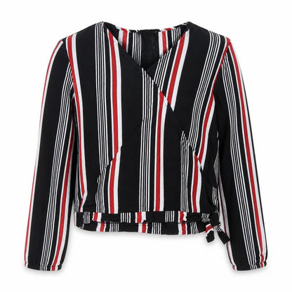Front view of Primark girls’ black striped cropped blouse, size 10-11, years