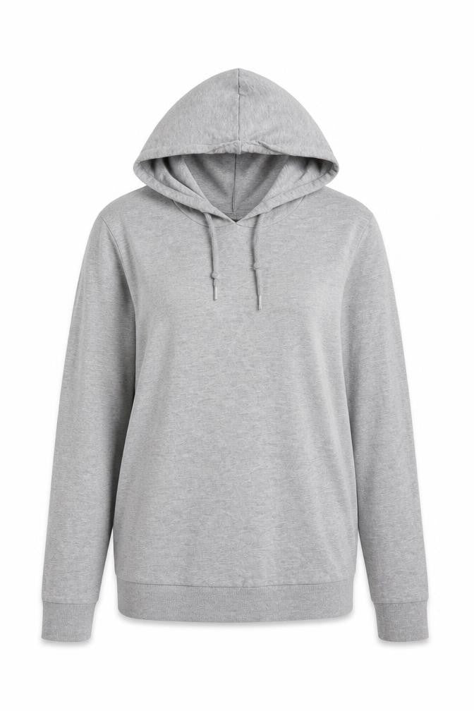 Front view of ASOS women’s grey pullover hoodie, size XS