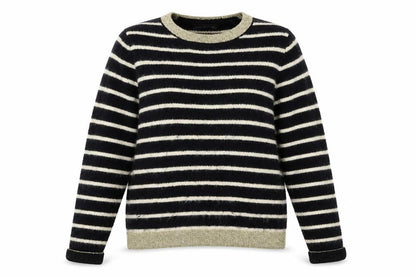 Front view of Marks & Spencer women’s blue striped knit jumper, size UK 12