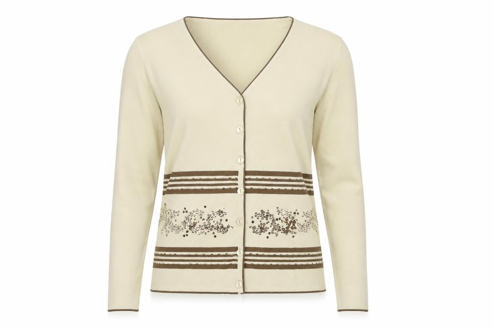 Front view of Sarah Dunnway women’s ivory striped knit cardigan jumper, size S