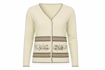 Front view of Sarah Dunnway women’s ivory striped knit cardigan jumper, size S