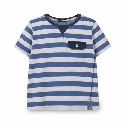 Front view of Next boys’ grey striped basic t-shirt, size 8, years