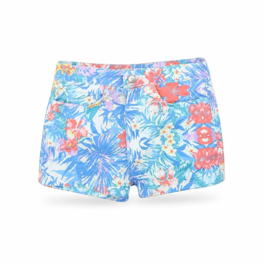 Front view of Topshop women’s blue floral cut-off shorts, size UK 28