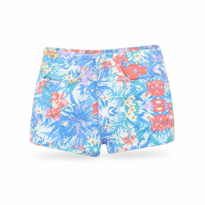 Front view of Topshop women’s blue floral cut-off shorts, size UK 28