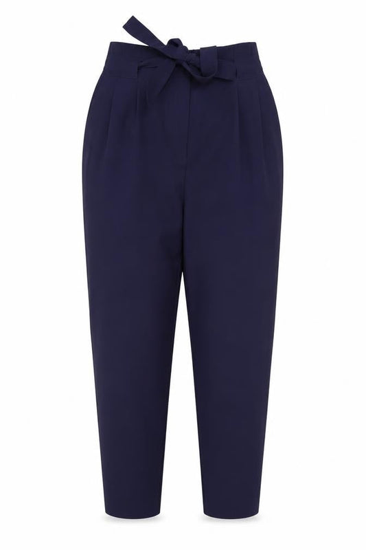 Front view of ASOS women’s blue trousers, size UK 12, 28-inch leg