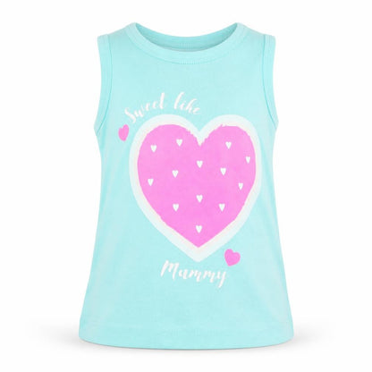 Front view of Primark girls’ blue basic tank, size 9-12, months