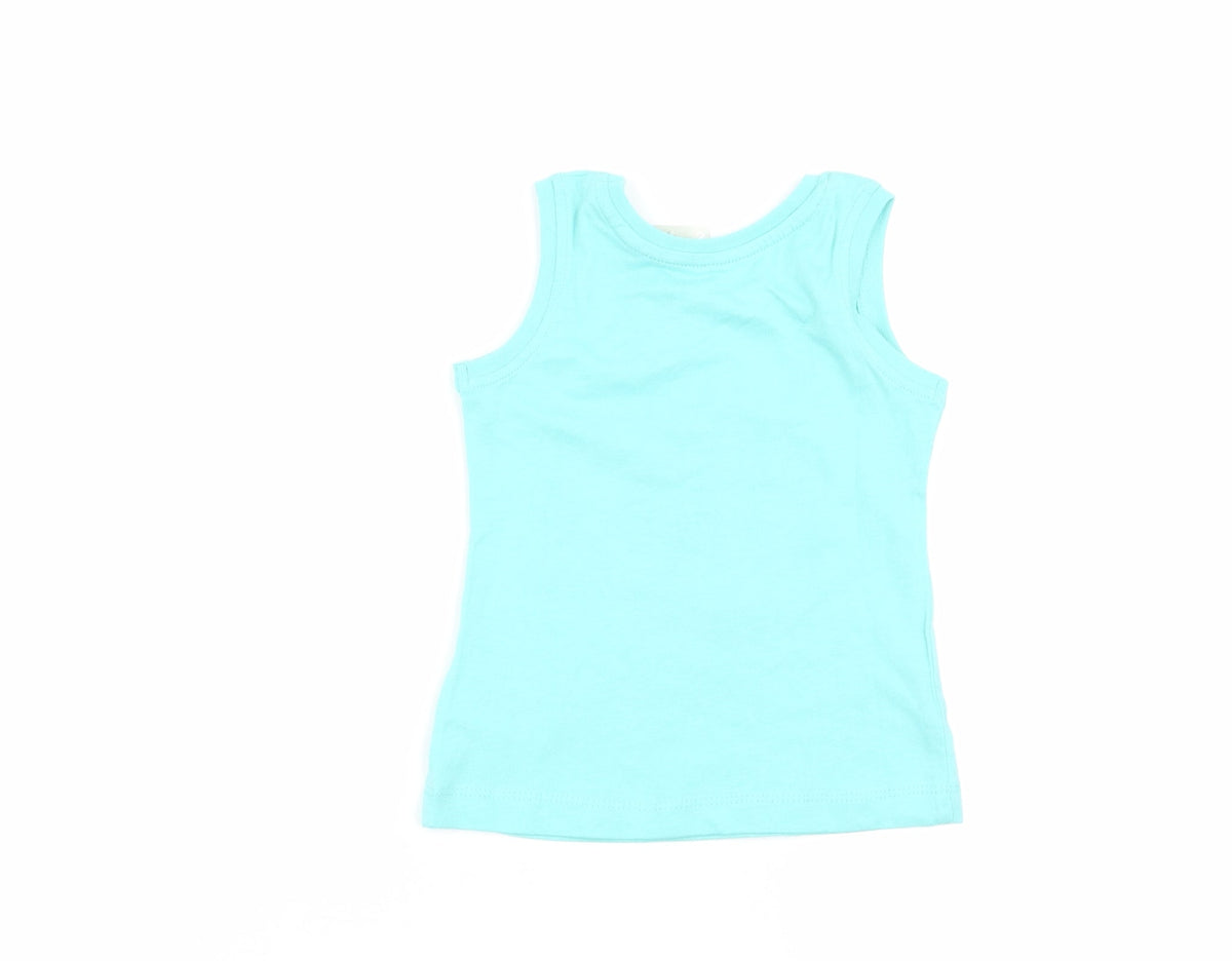 Back view of Primark girls’ blue basic tank, size 9-12, months