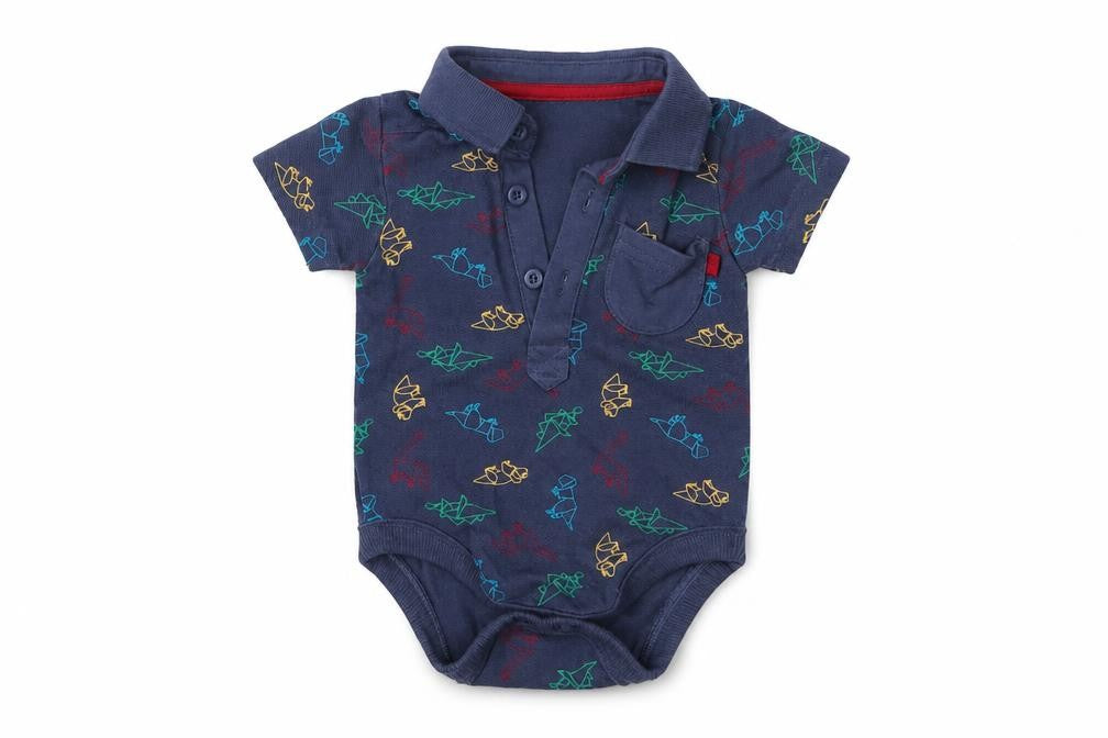 Front view of George boys’ blue geometric babygrow one-piece, size 0-3, months