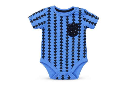 Front view of George boys’ blue geometric babygrow one-piece, size 6-9, months