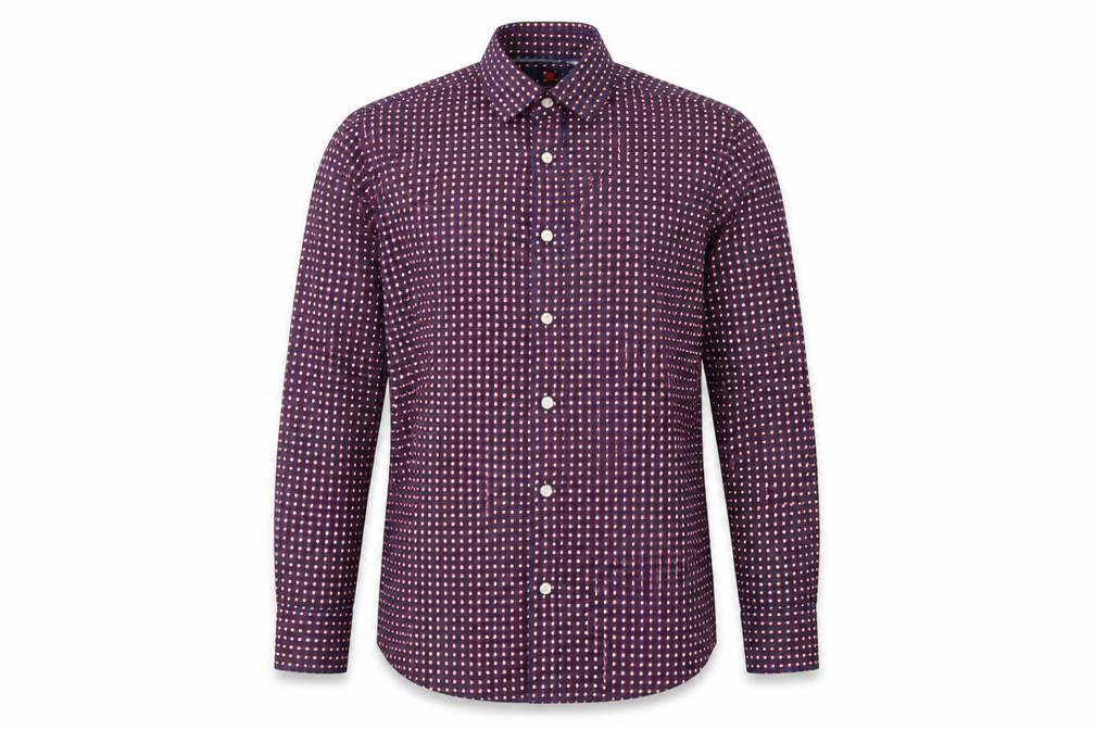 Front view of Preworn men’s blue polka dot dress shirt, size S
