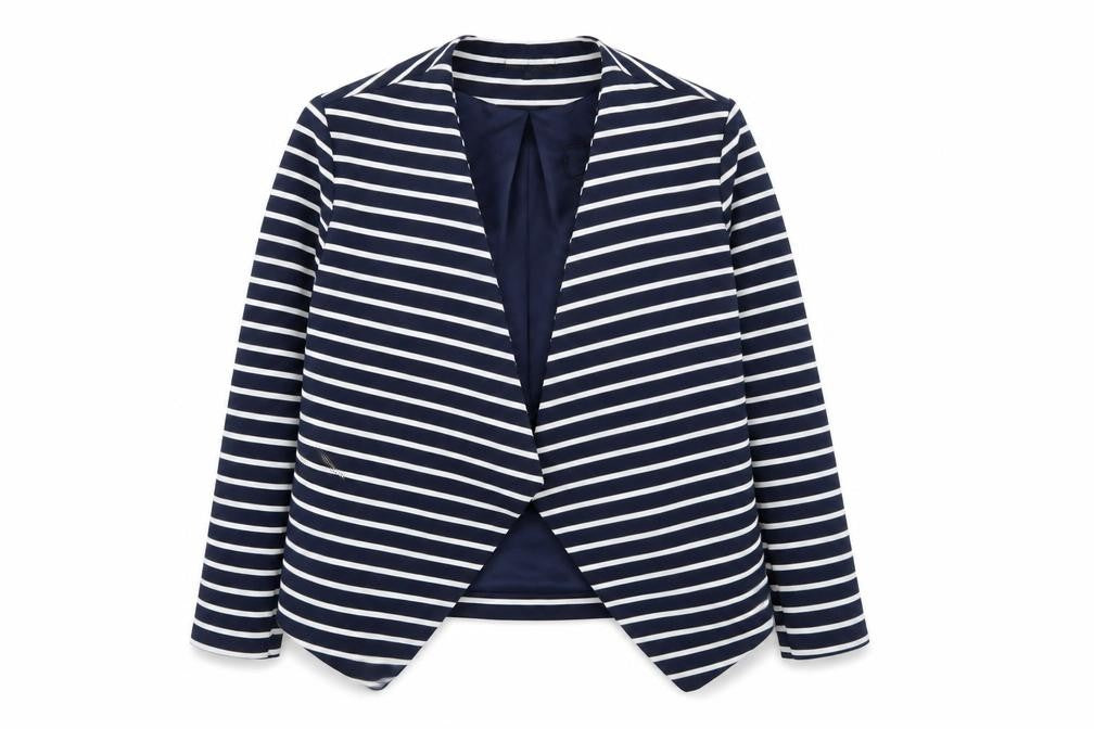 Front view of New Look women’s blue striped cardigan jumper, size UK 14