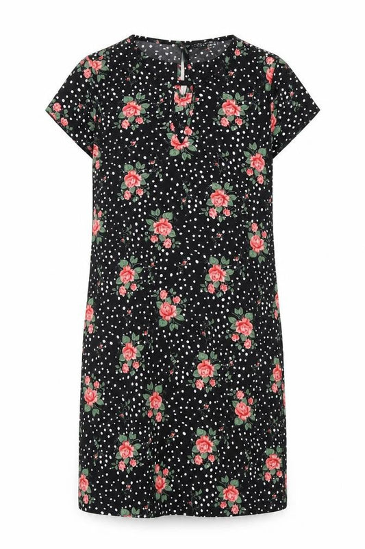 Front view of SHEIN Shien women’s black floral t-shirt dress, size L