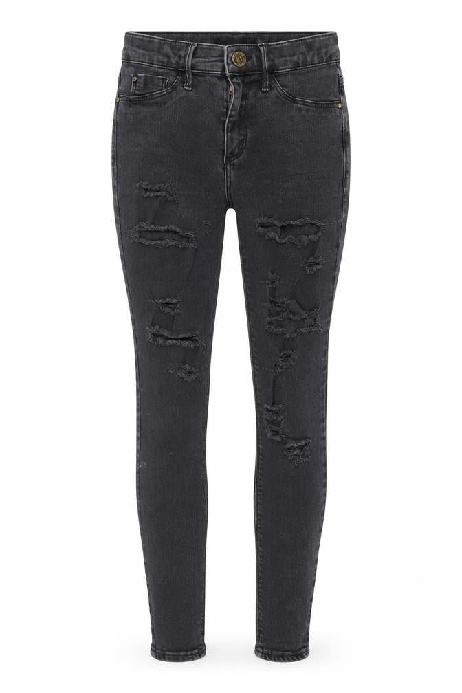 Front view of River Island women’s grey denim skinny jeans, size UK 6, 26-inch leg