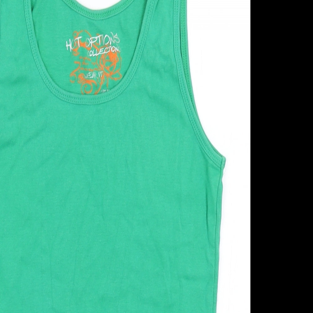 Close-up detail of Hot Options women’s green basic tank, size UK 12