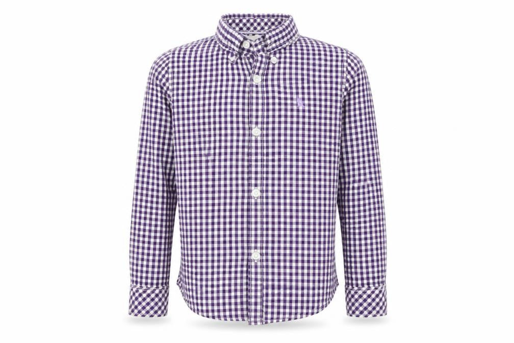 Front view of H&M boys’ blue check basic button-up, size 5-6, years