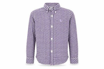 Front view of H&M boys’ blue check basic button-up, size 5-6, years