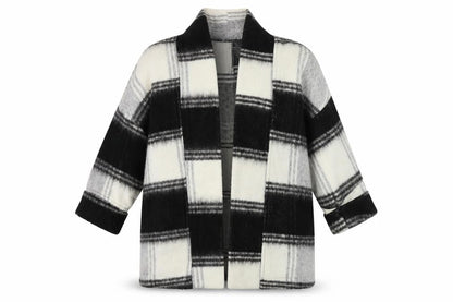 Front view of New Look women’s grey check cardigan jumper, size UK 12