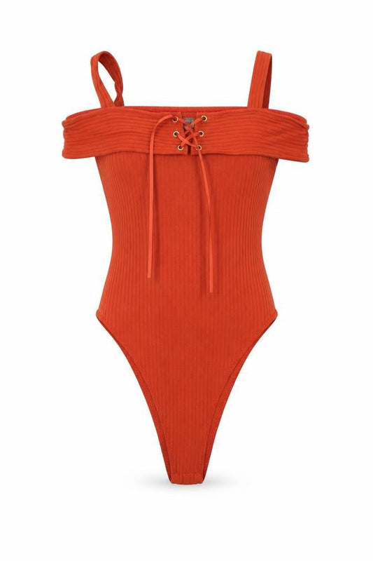 Front view of Primark women’s orange bodysuit one-piece, size UK 6